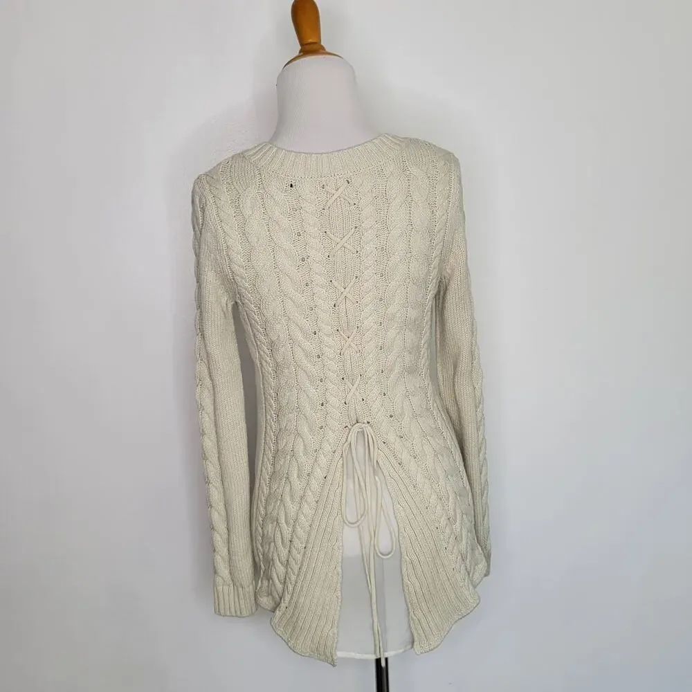 CAbi Cable Knit Sweater Cream Lace Up Mixed Media Cotton 3157 Women XS